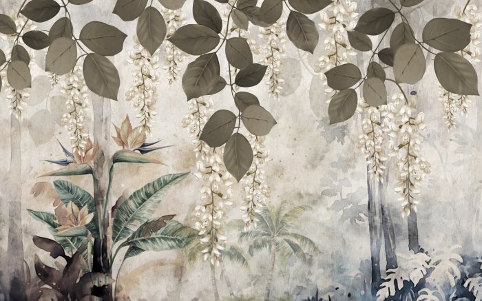 Fototapete Tropische Pflanzen und weiße Blüten auf einem Aquarellhintergrund