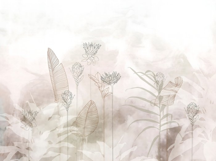 Fototapete Blätter und zarte Blumen auf Aquarellhintergrund