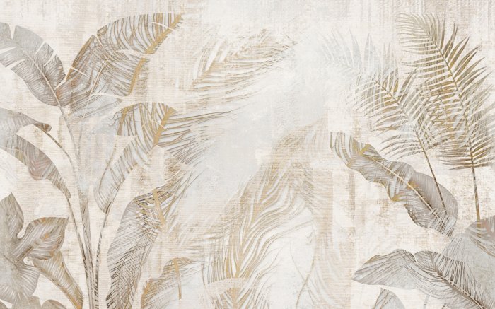 Fototapete Tropische Blätter auf Beigegrauem Hintergrund Betoneffekt