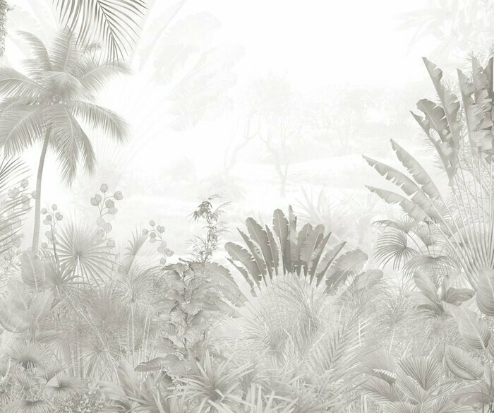 Fototapete Tropical trees and leaves in foggy forest wallpaper design - 3D