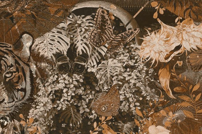 Fototapete Botanical and wild animal with tropical topic. Summer vibe abstract wallpaper with tiger.