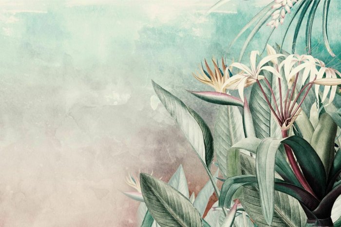 Fototapete Exotische Blätter und Blüten auf Aquarell-Hintergrund