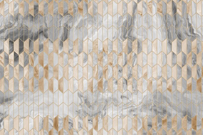 Fototapete Narrow ornament of marble parquet with metal elements. Geometric abstraction, rhombuses. Fashion poster for textile, fabric, web, Wallpaper, poster, home design