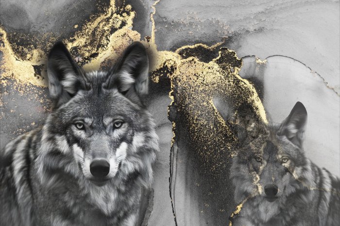 Fototapete Graues Porträt von Wölfen mit goldener Verzierung﻿