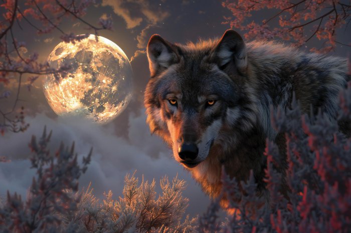 Fototapete Wolf unter der Vegetation vor dem Hintergrund des Vollmonds