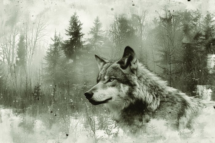 Fototapete Waldlandschaft mit einem Wolf in grauer Aquarellmalerei﻿
