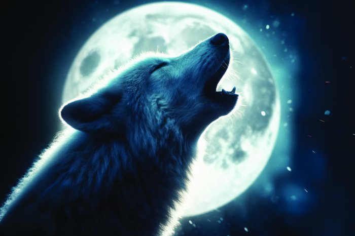 Fototapete Nachtwolf heult unter dem hellen Mond﻿