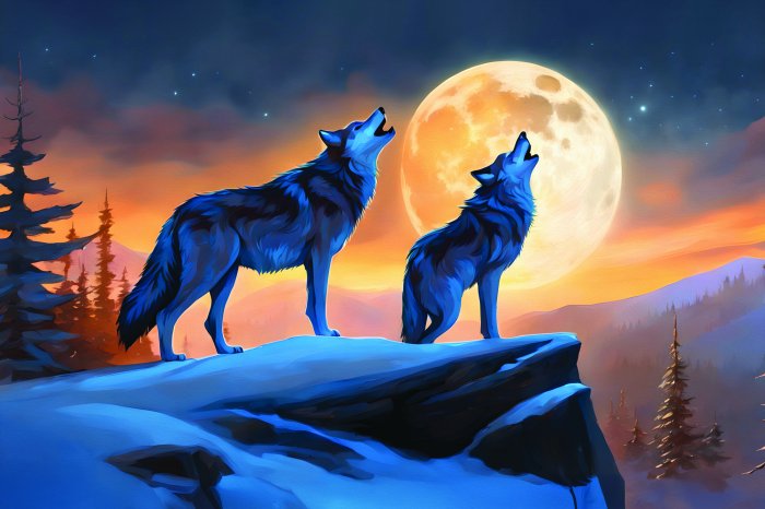 Fototapete Wölfe am Berghang bei Vollmond