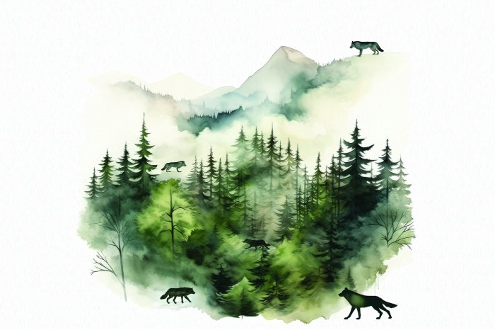 Fototapete Hügellandschaft mit Bäumen und Wölfen