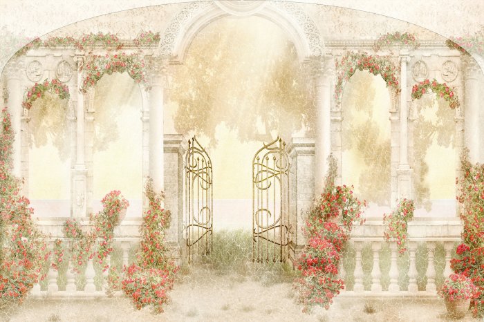 Fototapete Blumengarten zwischen historischer Architektur