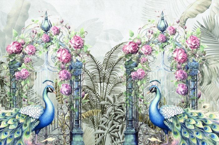 Fototapete Botanischer Garten mit Rosen und Pfauen