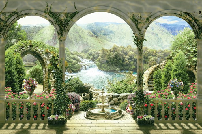 Fototapete Historische Bögen mit Blick auf einen Paradiesgarten