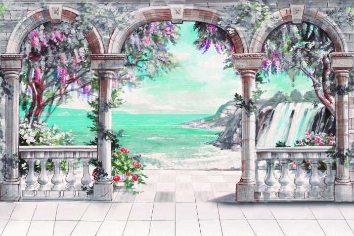 Fototapete Terrasse mit Bögen zwischen Vegetation und Meer