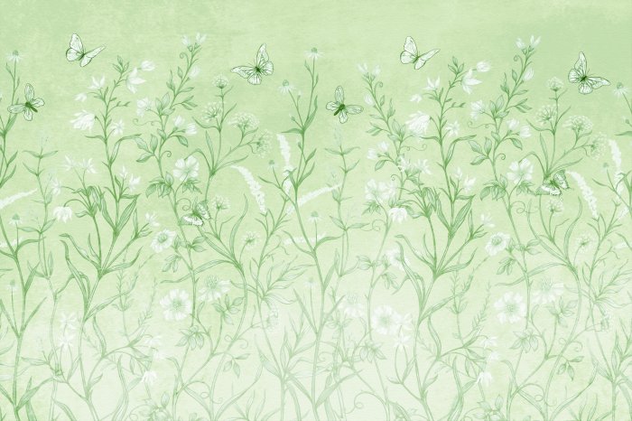 Fototapete Wildwiese mit Blumen und Schmetterlingen im Grün