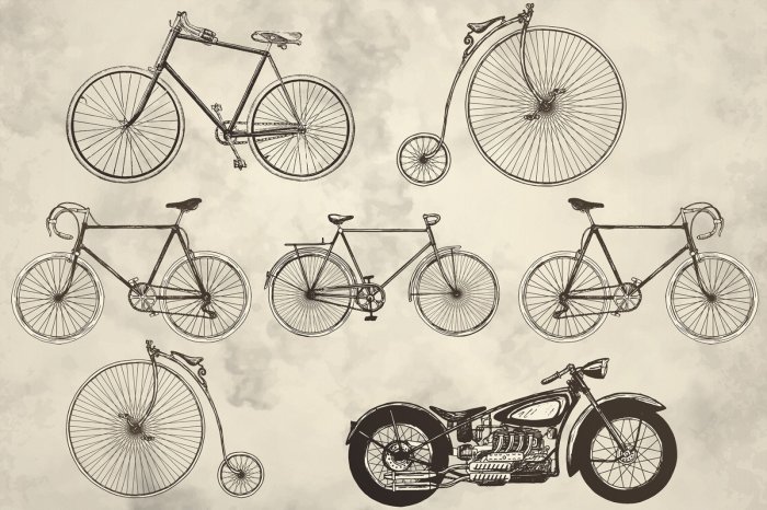 Fototapete Retro-Fahrräder und Motorräder vor grauem Hintergrund