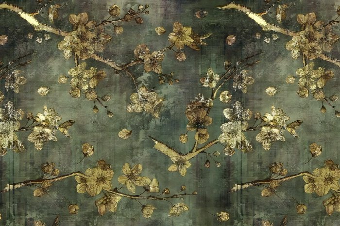 Fototapete Grauer Beton mit goldenen Blumen