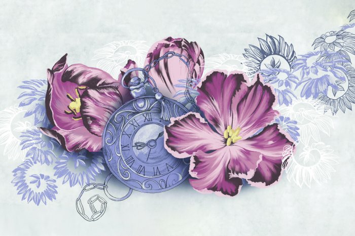 Fototapete Alte Uhr zwischen rosa Blumen