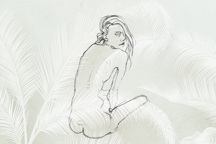 Fototapete Skizze einer Frau zwischen Palmenblättern
