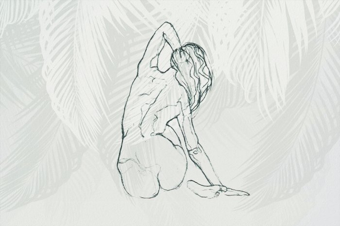 Fototapete Skizze einer zarten Frau vor einem Blätterhintergrund