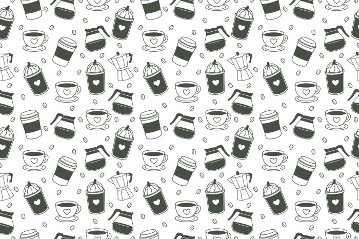 Fototapete Kaffeemuster mit Bohnen und eleganten Tassen