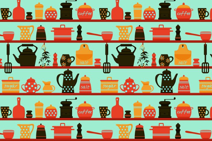 Fototapete Regale mit Porzellankrügen und Kaffee