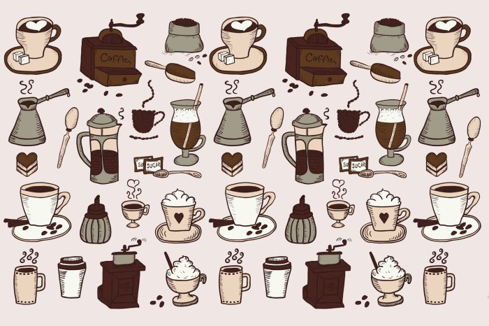 Fototapete Kaffeemuster mit Tassen und Mühlen