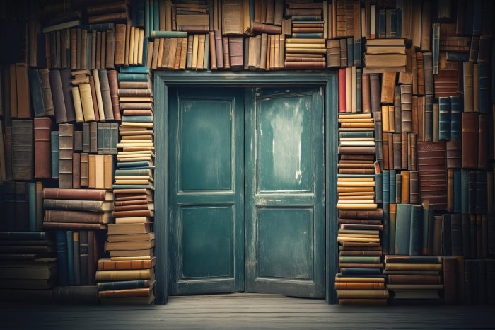 Fototapete Alte Tür an einer Wand mit Büchern