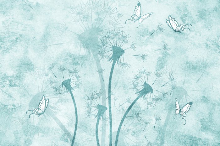 Fototapete Löwenzahn im Wind mit Schmetterlingen