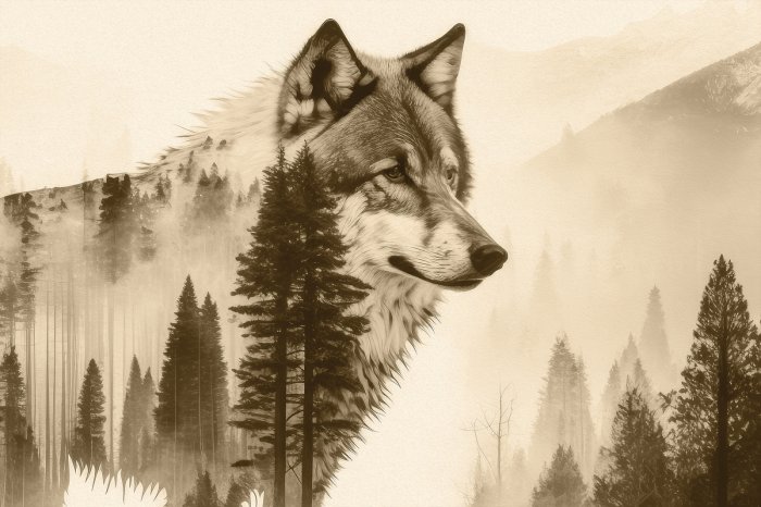 Fototapete Wolf im Bergwald