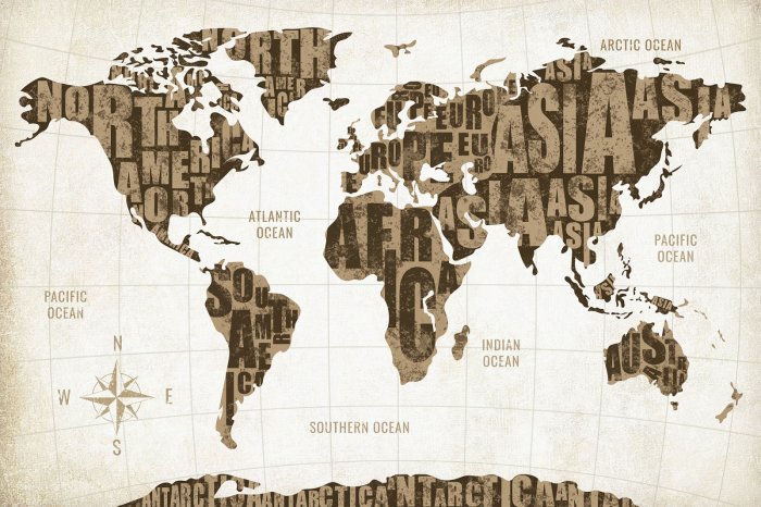Fototapete Weltkarte mit Beschriftungen und einem Kompass