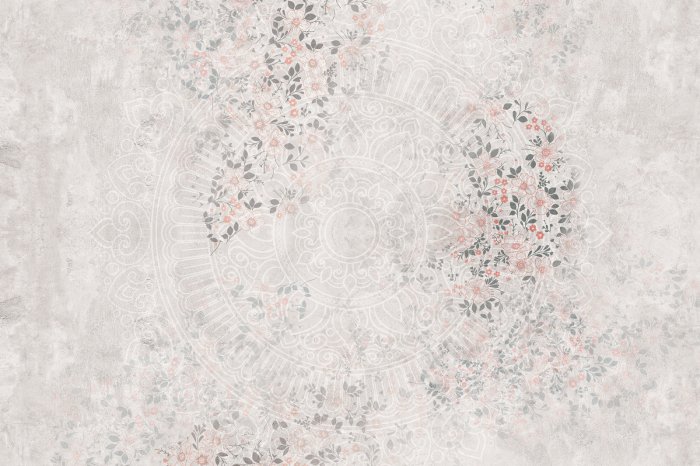 Fototapete Mandala auf hellem Hintergrund zwischen Blumen