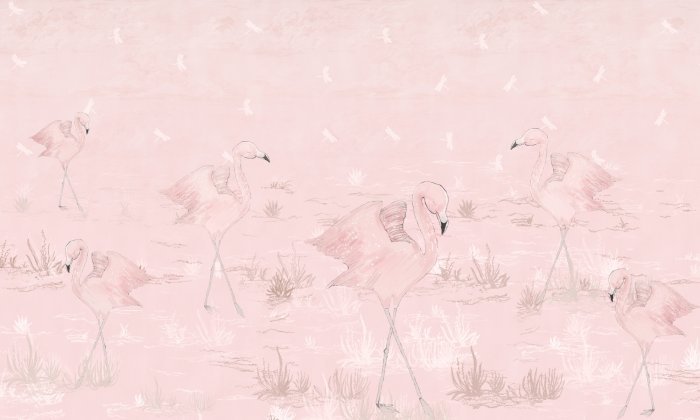 Fototapete Rosa Flamingos auf einer Lichtung mit Libellen