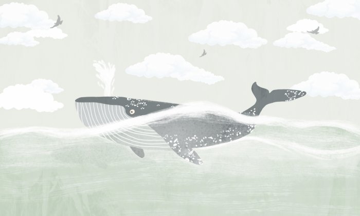 Fototapete Wal im Meer vor dem Hintergrund von Wolken und Vögeln