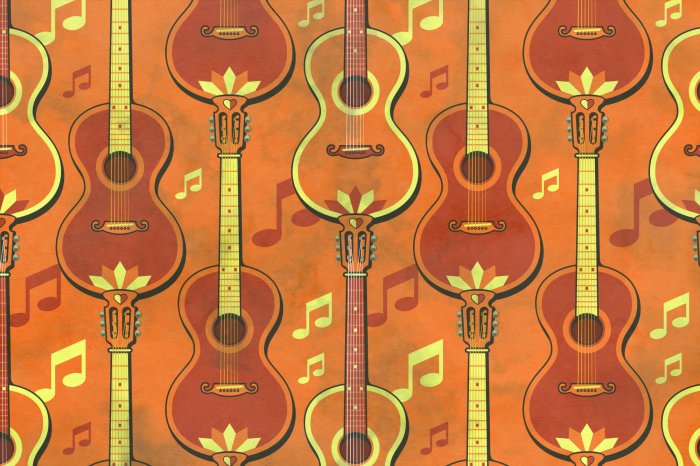 Fototapete Klassische Gitarren vor Notenhintergrund