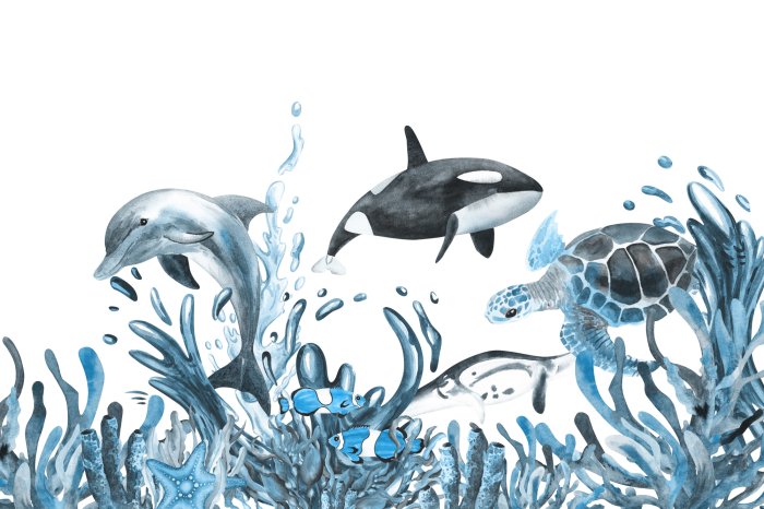 Fototapete Sumpfschildkröte und Delfin zwischen der Vegetation