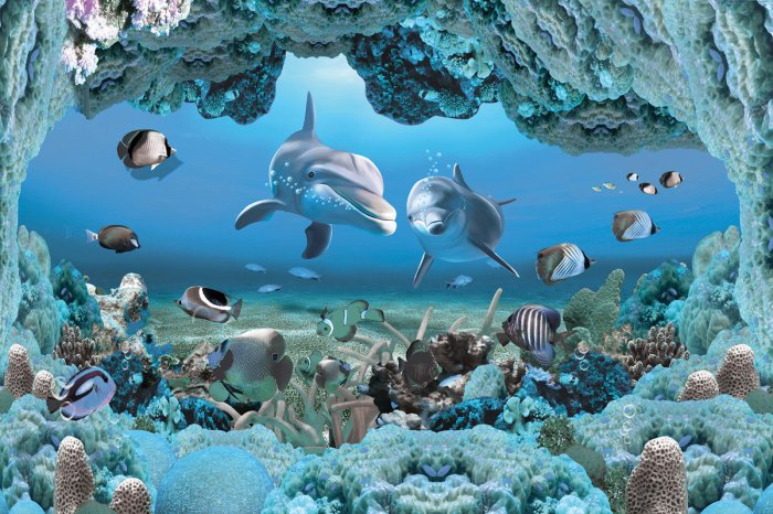 Fototapete Delfine zwischen Korallenriffen und Fischen