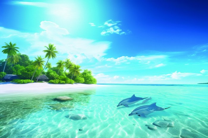 Fototapete Tropische Insel mit Delfinen