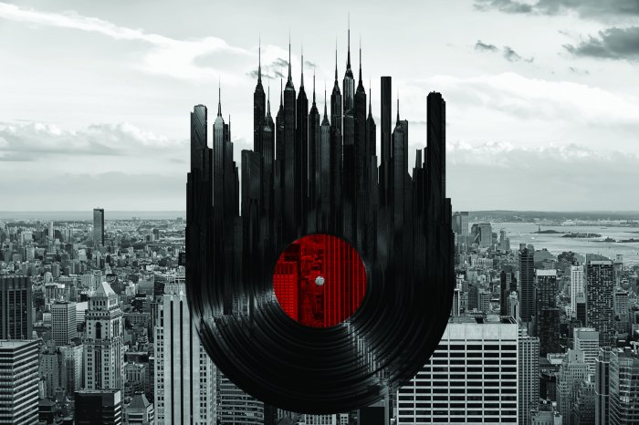 Fototapete Abstrakte Vinylplatte vor der Kulisse einer Metropole