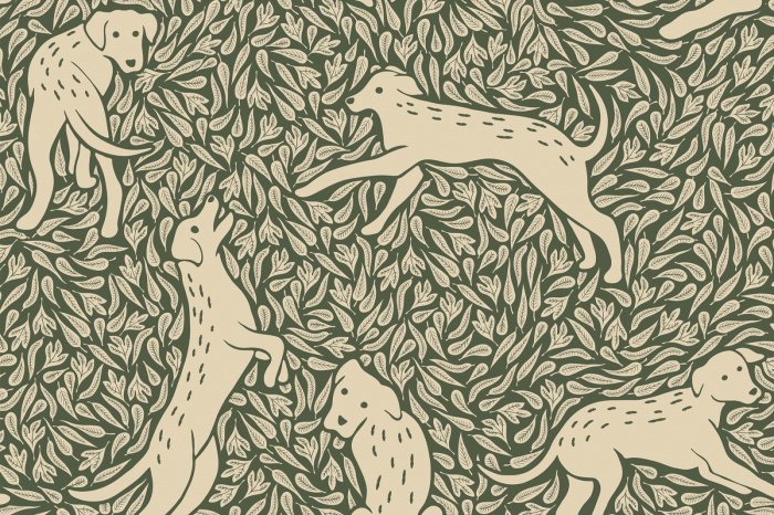 Fototapete Botanisches Muster mit Hunden und Grünpflanzen