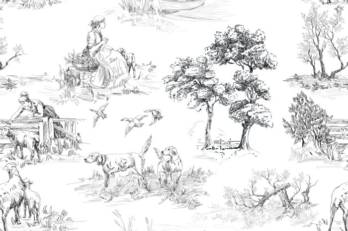 Fototapete Zeichnung eines Dorfes mit Bäumen und Hunden