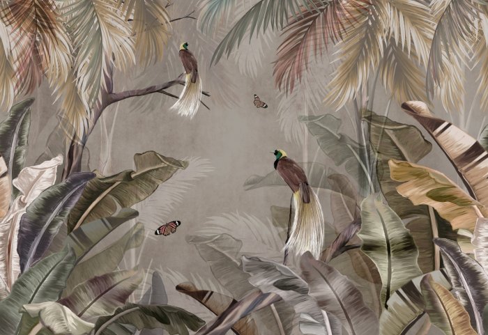 Fototapete Schmetterlinge und Vögel zwischen bunten Blättern