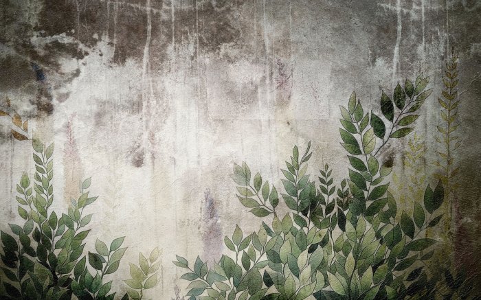 Fototapete Grüne Blätter auf grauem Beton