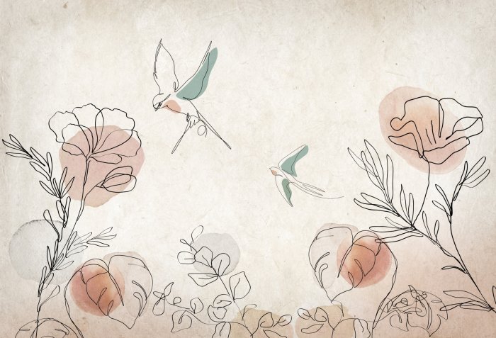 Fototapete Abstrakte Aquarellmalerei von Blumen und Vögeln