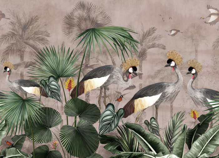 Fototapete Exotische Kraniche zwischen den Blättern