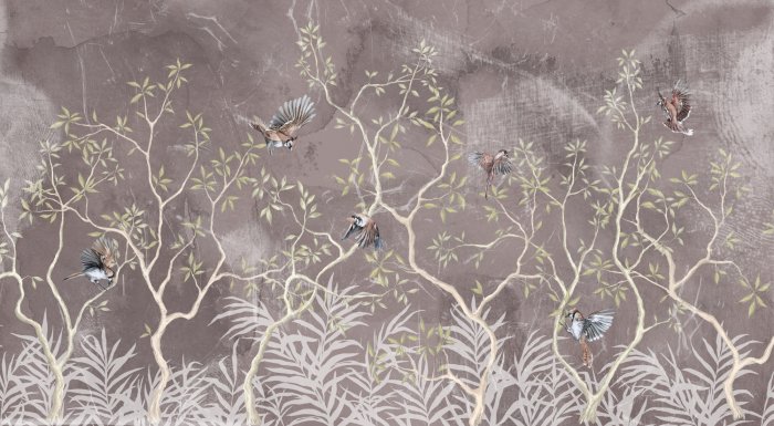 Fototapete Botanisches Muster mit Sträuchern und Vögeln