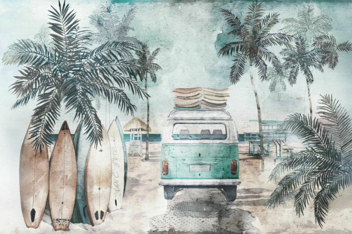 Fototapete Van und Surfbretter am Strand Aquarellillustration