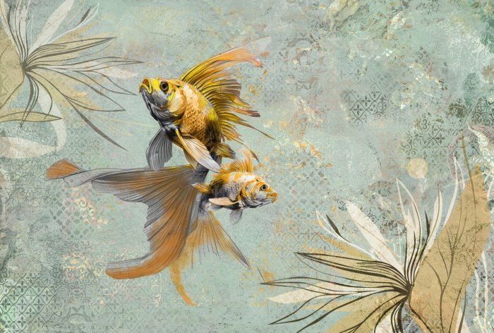 Fototapete Goldfische mit Pflanzen auf einem Vintage-Hintergrund