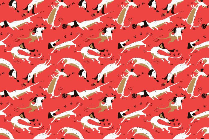 Fototapete Comic-Muster Hunde auf rotem Hintergrund