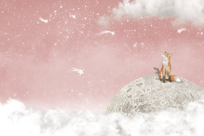 Fototapete Fuchs und Maus auf dem Mond rosa Himmel mit Sternen Märchenthema