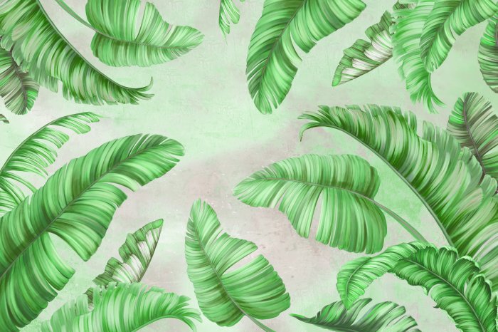 Fototapete Grüne Palmblätter auf Beton